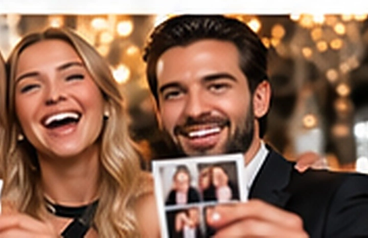 Fotobox-Foto eines Hochzeitspaars mit Accessoires