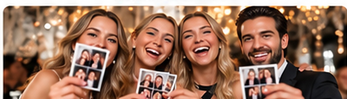 Gäste halten ihre ausgedruckten Fotobox-Fotos in der Hand