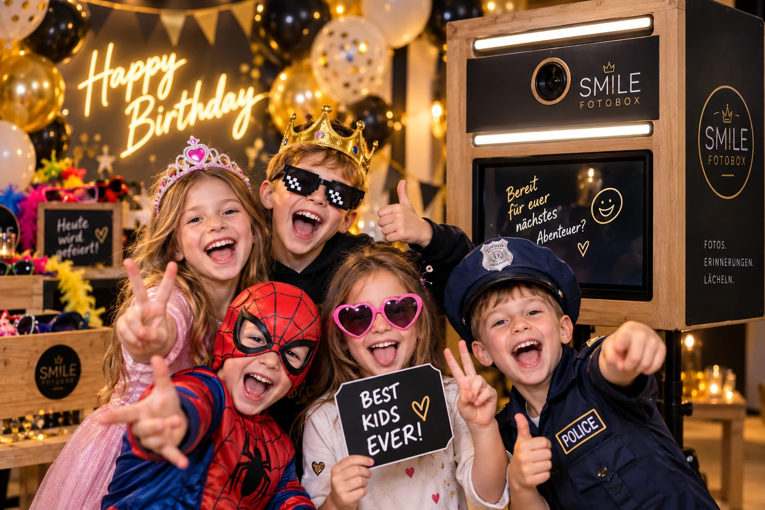Kinder feiern mit der Smile Fotobox auf einem Kindergeburtstag